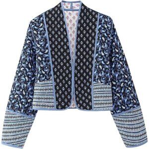 Women’s Black Cropped Puffer Jacket Floral Quilted Lightweight Padded Coat